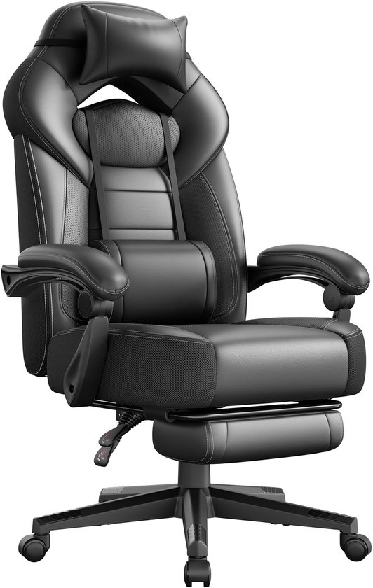 Ergonomische Gamingstoel - Verstelbare Bureaustoel met Uitschuifbare Voetensteun - Gaming PC Stoel met Verstelbare Hoofdsteun en Lendensteun - Comfortabele Racestoel voor Gaming, Kantoor en Thuiswerk - Maximale Belastbaarheid 150 kg - Zwart