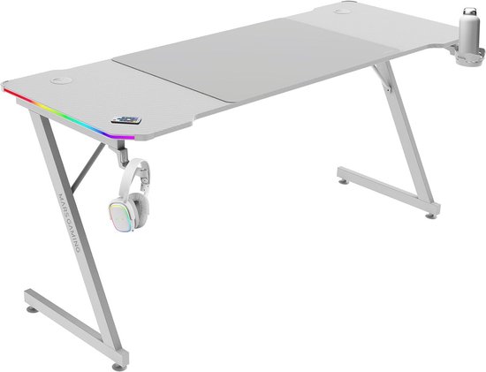Ergonomische Gamingtafel met RGB-Verlichting en XXL-Muismat, Wit, Gaming Bureau 160x60cm van Merkloos