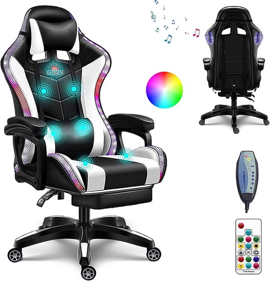 Ergonomische Pro-gamingstoel met luidsprekers RGB-videospelstoel met voetsteun, massagestoel met hoge rugleuning - ShopVlot