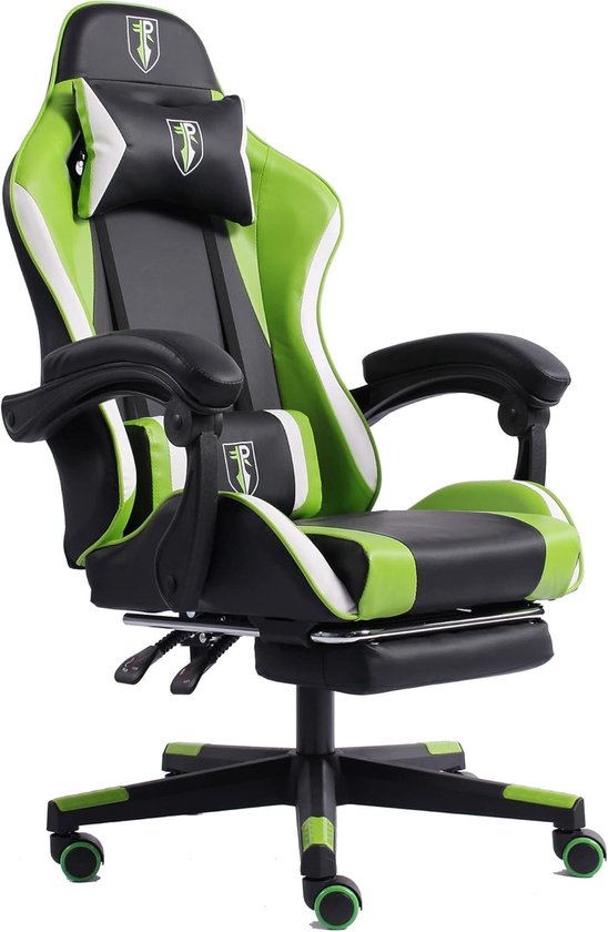 Ergonomische Stoel - Bureaustoel Gamer - Comfortabel Werken - Uittrekbare Voetensteun - 126 cm Hoog - Zwart Groen Wit