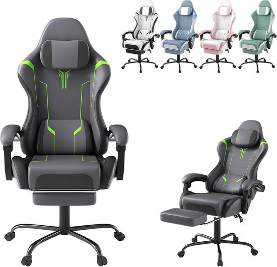 Ergonomische stoel - Comfortabele bureaustoel - Langdurig gamen - Verstelbare rugleuning - 51 cm zitdiepte - Grijs groen