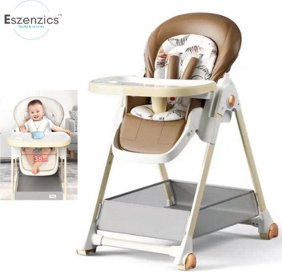 Eszenzics™ Baby Eetstoel "Sep" - Compact inklapbaar - Veiligheidsgordel - Verstelbare rugleuning - Zachte PU zwenkwielen met remfunctie - 53 tm 82cm tafelhoogte - Khaki - Meegroeistoel van Eszenzics™