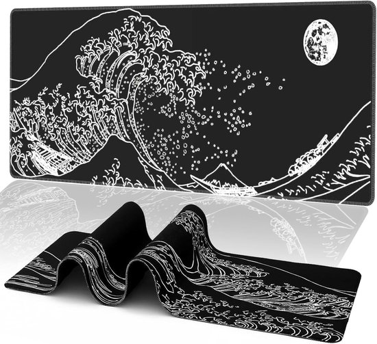 Extra Groot Zwart Gaming Muismat - 80x30cm - Antislip - Japans Golf Patroon van Merkloos