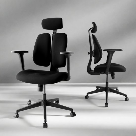 Famanu – Ergonomische bureaustoel met dynamische rugleuning, zitting van gegoten schuim, 8 cm, 4D-armleuningen, grote rugleuning in zwart