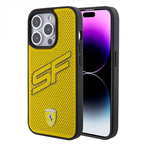Ferrari Back Cover - Apple iPhone 15 Pro - Geel - Sportief geperforeerd design - Schokabsorberende bumper van Merkloos