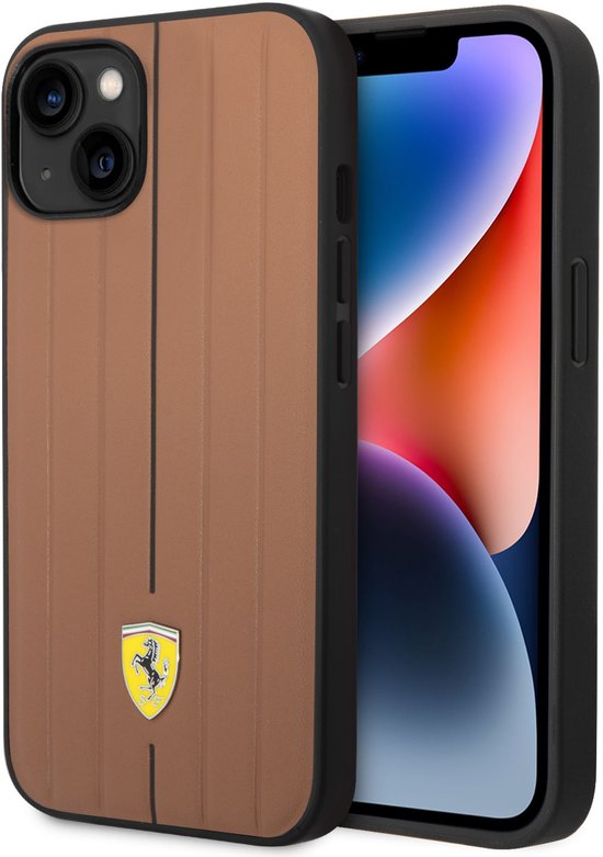 Ferrari Back cover - Geschikt voor iPhone 14 Plus & 15 Plus - Bruin - Embossed Stripes van Merkloos