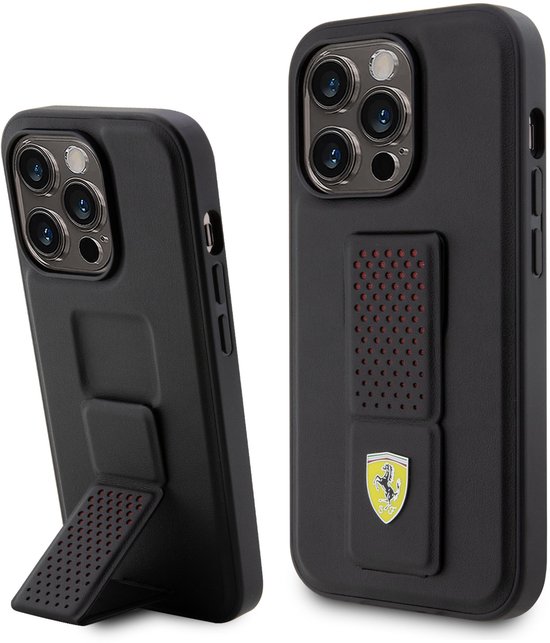 Ferrari Back Cover - iPhone 15 Pro - Zwart - Inclusief uitklapstandaard - Antisliptextuur van Merkloos