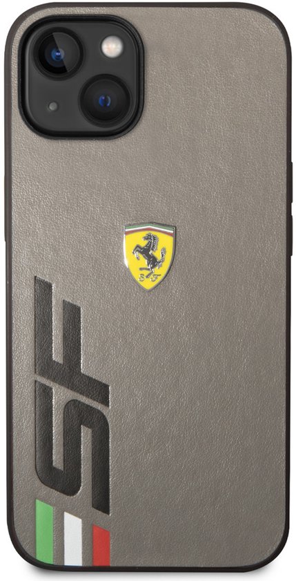 Ferrari Back Cover - Real Leather - iPhone 14 Plus & 15 Plus - Grijs - Sportief Design met SF-logo van Merkloos