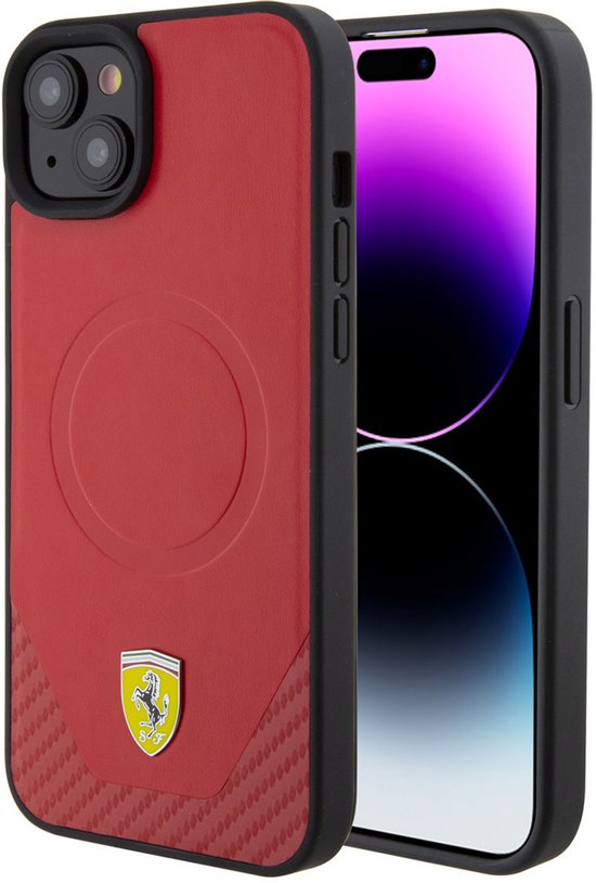 Ferrari Back Cover - Rood - MagSafe-compatibel - Carbonaccent - Geschikt voor iPhone 15 & 14 Plus van Ferrari