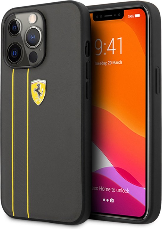 Ferrari, Luxe lederen hoesje Geschikt voor Apple iPhone 13 Pro streepmodel, Donkergrijs van Ferrari