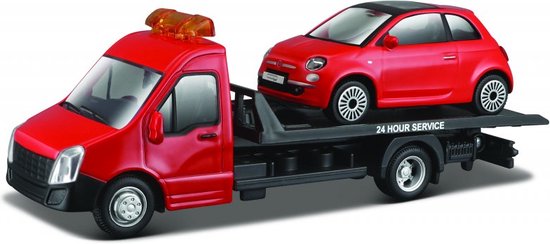 Fiat 500 2007 + Flatbed Transporter 1:43 rood van Bburago