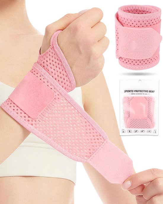 Fitness, ademende polssteun, verstelbare klittenbandsluiting, handbandage, voor polsverstuikingen, peesschedeontsteking, voor linker- of rechterhand (roze)