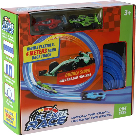 Flexibele racebaan van 4 meter - Blauw - Inclusief 2 racewagens van Merkloos