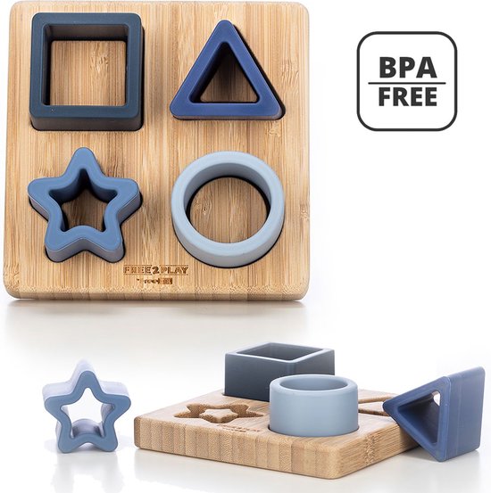 Free2Play by FreeON Houten vormenpuzzel met siliconen vormen - Babypuzzel - Vormenstoof - Blauw van Free2Play