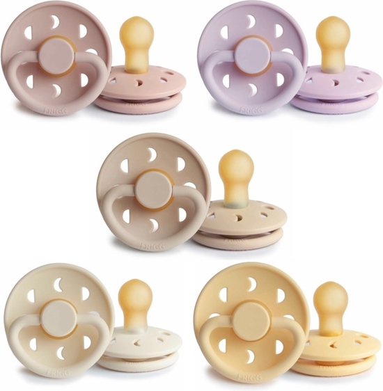 Frigg Moon Fopspeen set 5 stuks Soft Lilac,Blush,Croissant,Cream en Pale Daffodil 0-6 maand maat 1 van FRIGG