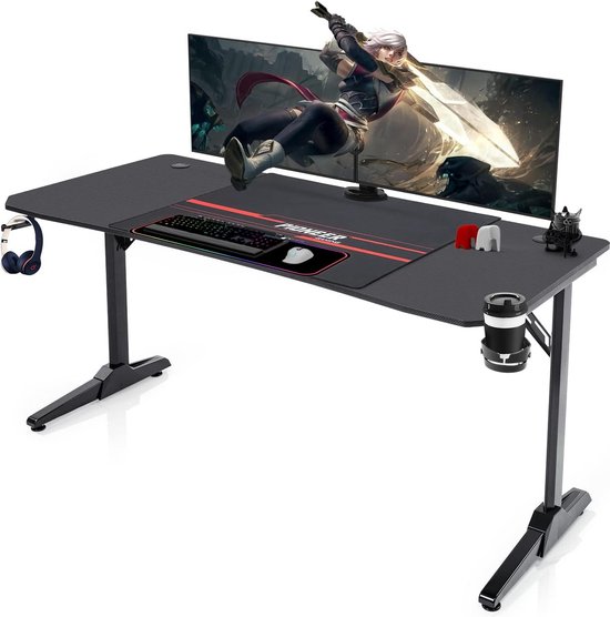 Gamer Bureau 140 x 60 cm Ergonomisch met Kabelopbergruimte, Kophouder en Muismat van Merkloos