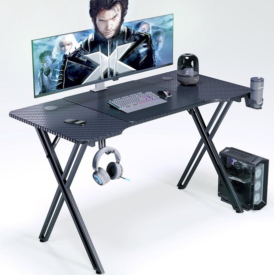 Gamer Bureau Zwart 140x60 cm met Kophouder en Headset Haak - Stevig X-Frame