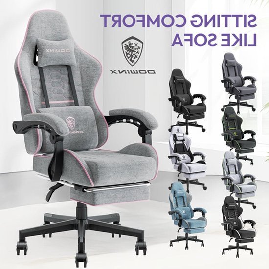 Gamestoel – Gamingstoel – Gaming Chair – Game Stoel – Bureaustoel – Ergonomisch Design – Pocketvering Zitting – Verstelbare Rugleuning – Metalen Basis – Grijs-Roze