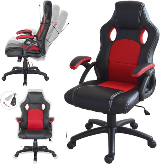 Gamestoel Junior - Bureaustoel Racing - Comfortabel Zitten - Ergonomisch Design - 108-118 cm Hoog - Zwart Rood