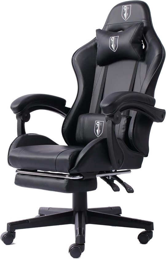 Gamestoel Lederlook - Bureaustoel Race Design - Comfortabel Zitten - Verstelbare Rugleuning Voetensteun - 126 cm Hoog - Zwart