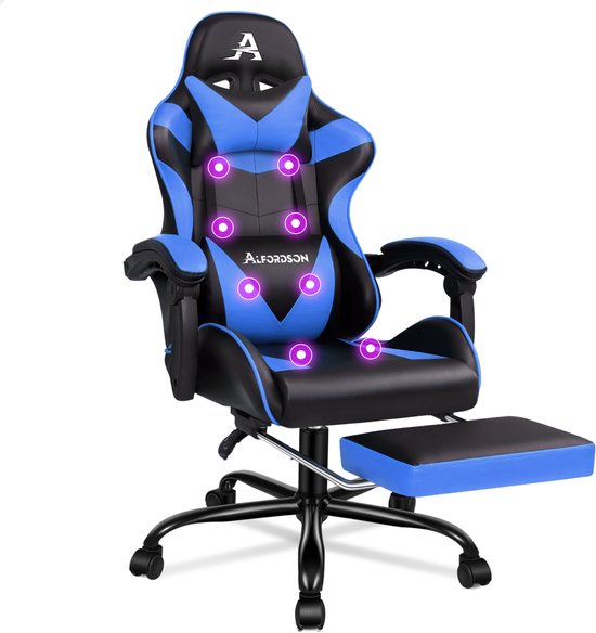 Gamestoel met voetensteun, 8 massagepunten en 150° kanteling, ergonomische racestoel met verstelbare hoogte en een draagvermogen van 180 kg van Merkloos