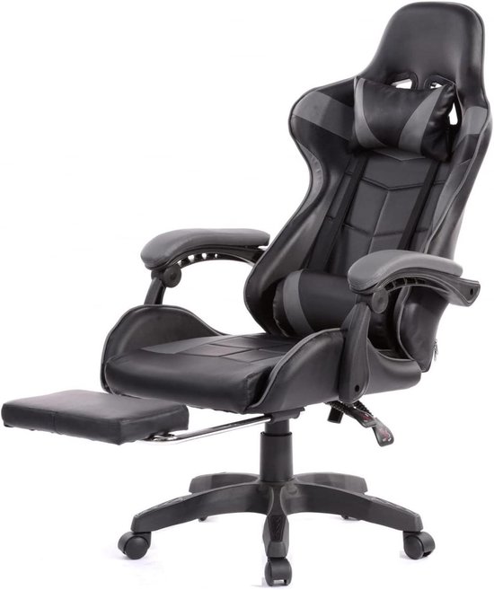 Gamestoel met voetsteun - Bureaustoel racing - Comfortabel werken - Ergonomisch ontwerp - 83 cm hoog - Grijs zwart