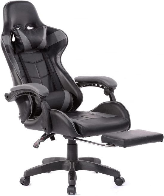 Gamestoel met voetsteun - Bureaustoel racing - Comfortabel werken - Ergonomisch ontwerp - 83 cm hoog - Zwart grijs