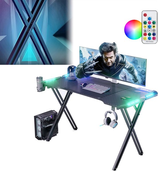 Gametabel 140 cm X-Frame met LED-verlichting, Carbonvezel Effect, Beeldschermhouder, Koptelefoonhaak, Ergonomisch, Zwart van Merkloos