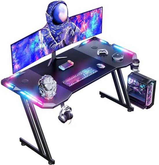 Gaming Bureau 120 x 60cm met LED Verlichting, Ergonomische Z-vormige Computertafel voor Studie en Spel, Inclusief Bekerhouder en Hoofdtelefoonhaak, Zwart van Merkloos