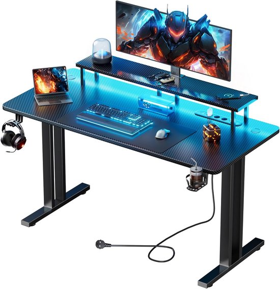 Gaming Bureau 120x60 cm met LED, USB-poorten en Stopcontact - Stabiele Computertafel met Monitorverhoging van FurniHome