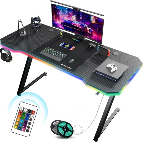Gaming bureau 120x60 cm met LED-verlichting en headset haak, ergonomisch PC tafel van Merkloos