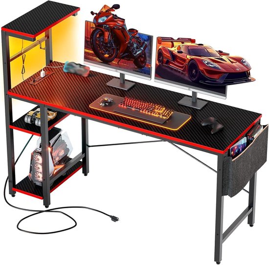 Gaming Bureau - Bureau met LED - Gamen en Werken - Met Ingebouwde Stopcontacten - 60 inch - Zwart Koolstofvezel