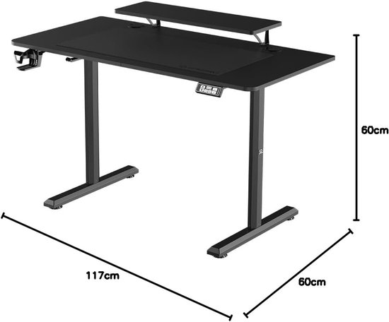 Gaming Bureau - Bureau met monitorplank - Comfortabel Werken - Elektrisch Verstelbaar - 120x60x72-117 CM - Zwart