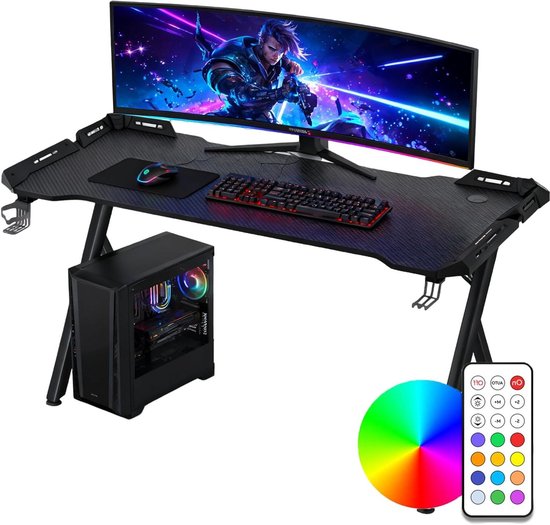 Gaming Bureau - Bureau met Verlichting - Comfortabel Gamen - Robuuste Y-Poten - 160x60x75cm - Zwart van Merkloos