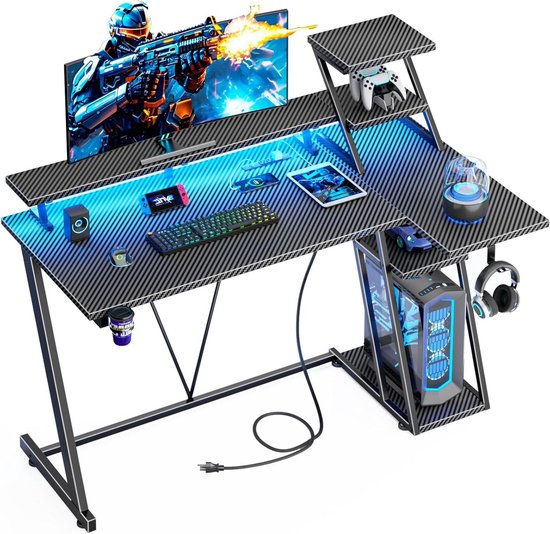 Gaming bureau - Computer bureau Hoekbureau - Gamen en werken - Met ingebouwde stopcontacten - 119 cm - Carbon fiber zwart van Merkloos