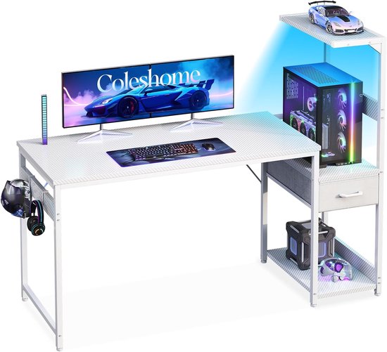 Gaming Bureau - Computer Tafel - Gaming en Werk - Geïntegreerde LED Verlichting - 138x48cm - Wit Carbon