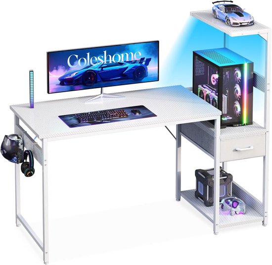 Gaming Bureau - Computer Werkplek - Thuiswerken Gamers - Geïntegreerde LED Verlichting - 120x48cm - Wit Carbon
