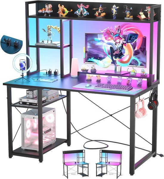 Gaming Bureau - Computerbureau Werkplek - Efficiënt Werken Spelen - Met LED en Stopcontacten - 99 cm - Zwart van Merkloos