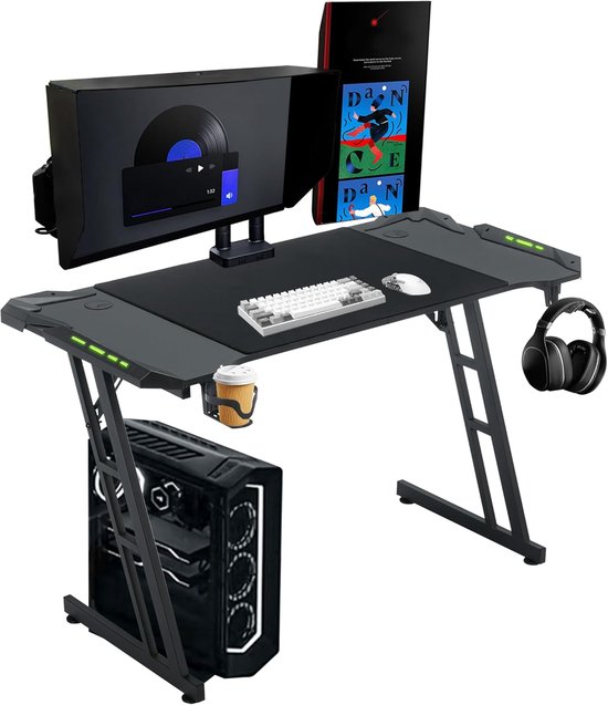 Gaming Bureau - Computertafel Gamer Tafel - E-sports Gaming - RGB LED Verlichting - 140x60 cm - Zwart