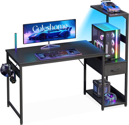 Gaming Bureau - Game Station - Thuiswerken Gaming - Geïntegreerde LED Verlichting - 120x48cm - Koolstofvezel