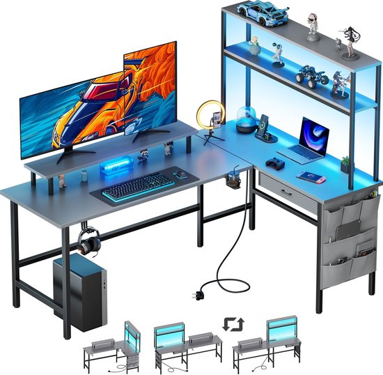 Gaming Bureau Hoek - Computer Tafel - Ruimte Optimalisatie - Geïntegreerde Verlichting - 150 x 100 cm - Grijs