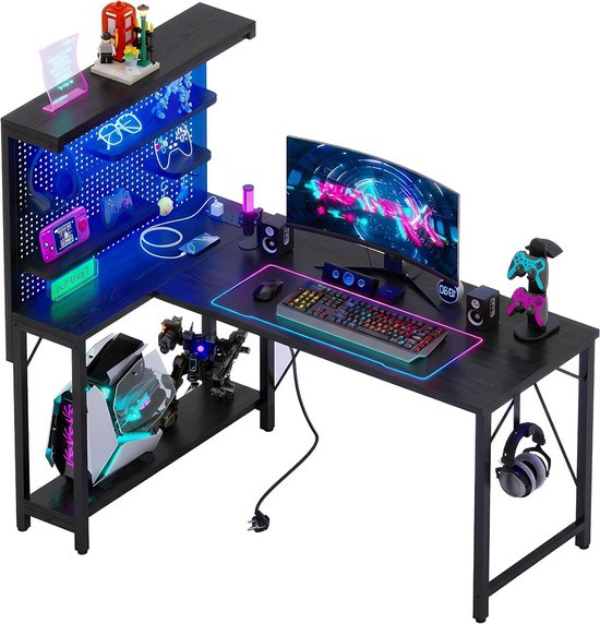 Gaming bureau - Hoekbureau computerbureau - Thuiswerken gamen - Geïntegreerd stopcontact - 120 x 80 cm - Zwart