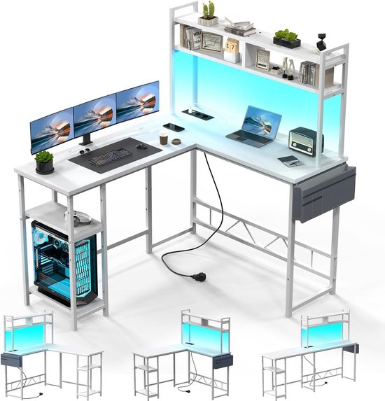 Gaming Bureau - Hoekbureau L-vorm - Thuiswerken of gamen - Met opbergplanken - 140 x 120 cm - Wit