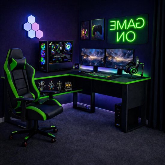 Gaming bureau - Hoekbureau thuiskantoor - Geconcentreerd werken gamen - L-vormige constructie - 150x140 cm - Zwart groen