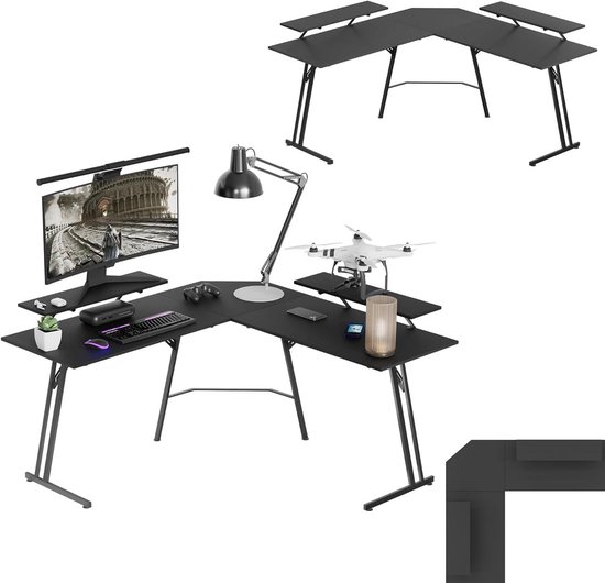 Gaming Bureau - L-Bureau Hoektafel - Productief Werken - Met Monitorstandaard - 140 x 120 cm - Zwart