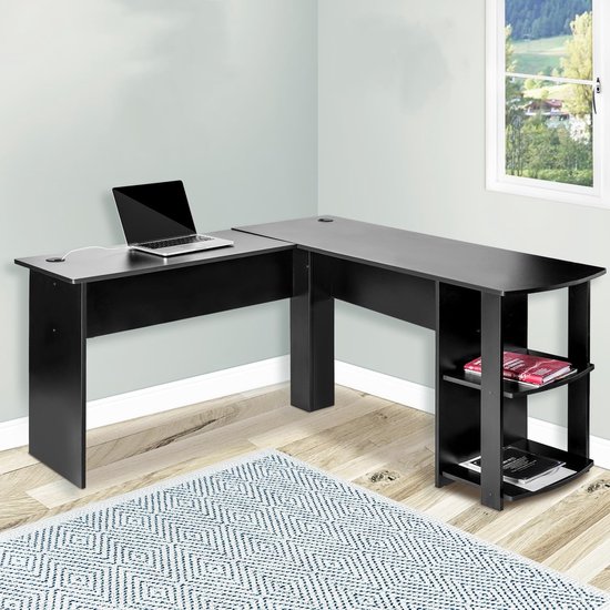 Gaming bureau L-vorm - Hoek werkstation - Thuis kantoor - Met opbergplanken - 140cm breed - Zwart