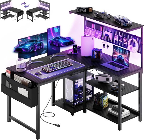 Gaming Bureau L-vorm - Hoekbureau Computerbureau - Thuiswerken Gamers - Met LED Stopcontact - 120 x 80 cm - Koolstofvezel Zwart