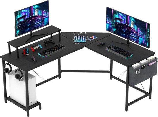 Gaming bureau L-vorm - Hoekbureau Computertafel - Thuiswerken Studeren - Met Monitorstandaard - 160 x 135 cm - Zwart