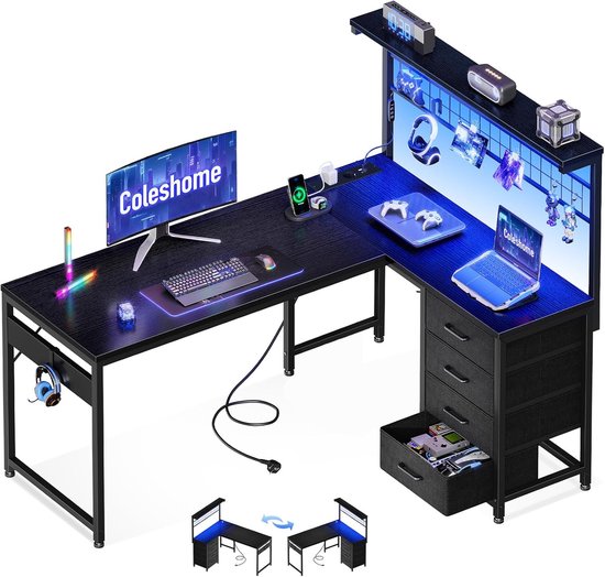 Gaming bureau L-vormig 130x100cm - Zwart - Met opberglades en verlichting - Perfect voor gaming en thuiswerk - ShopVlot