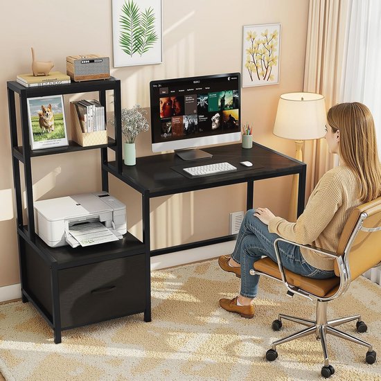 Gaming Bureau met Lade en Printerplank - 150 cm Omkeerbaar Computerbureau met Monitorstandaard en Haken voor Werkplek - Wit van Merkloos